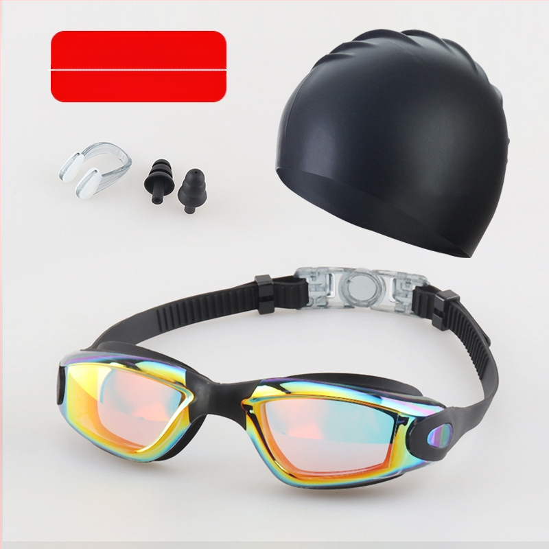 Suaugusiųjų plaukimo akinių komplektas, keturių dalių silikoniniai plaukimo akiniai vyrams ir moterims, profesionali vandeniui atspari plaukimo įranga, apsauganti nuo rasojimo