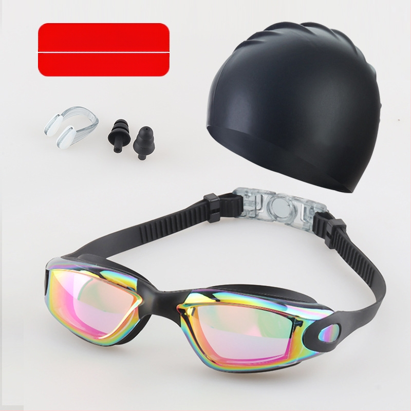 Suaugusiųjų plaukimo akinių komplektas, keturių dalių silikoniniai plaukimo akiniai vyrams ir moterims, profesionali vandeniui atspari plaukimo įranga, apsauganti nuo rasojimo