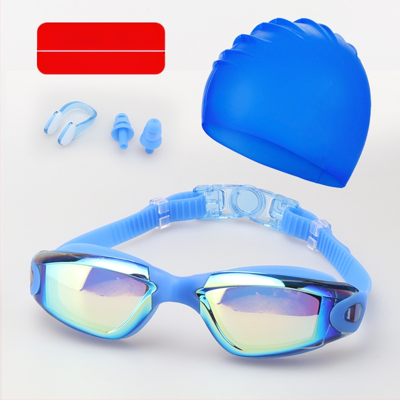 Suaugusiųjų plaukimo akinių komplektas, keturių dalių silikoniniai plaukimo akiniai vyrams ir moterims, profesionali vandeniui atspari plaukimo įranga, apsauganti nuo rasojimo
