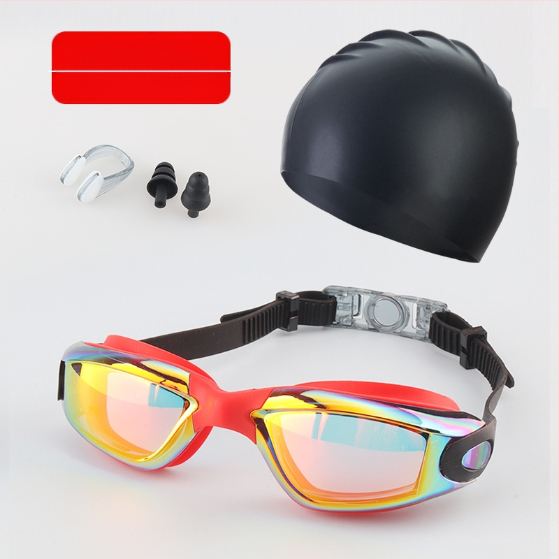 Suaugusiųjų plaukimo akinių komplektas, keturių dalių silikoniniai plaukimo akiniai vyrams ir moterims, profesionali vandeniui atspari plaukimo įranga, apsauganti nuo rasojimo