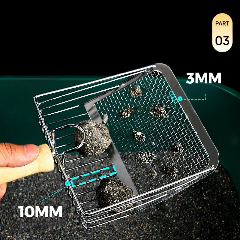 Kačių kraiko kastuvas, smulkių skylučių kastuvas, didelis metalinis nerūdijančio plieno kačių išmatų kastuvas, bentonito rūdos kačių kraiko kastuvo pagrindo artefaktas