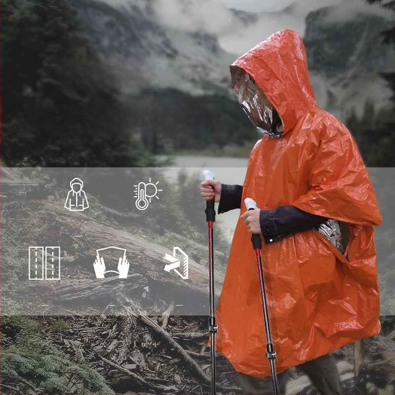 Välikülmakindel soe ühekordne esmaabi vihmamantel kaasaskantav pe alumiiniumkilest hädaolukorra pontšo välistingimustes ellujäämise vihmamantel