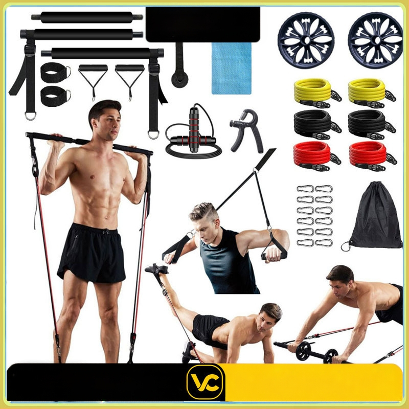 Băț Pilates multifuncțional cu trei secțiuni, pentru antrenament de forță, yoga, fitness, stick, acasă, roată abdominală, coardă de tensiune, costum de fitness