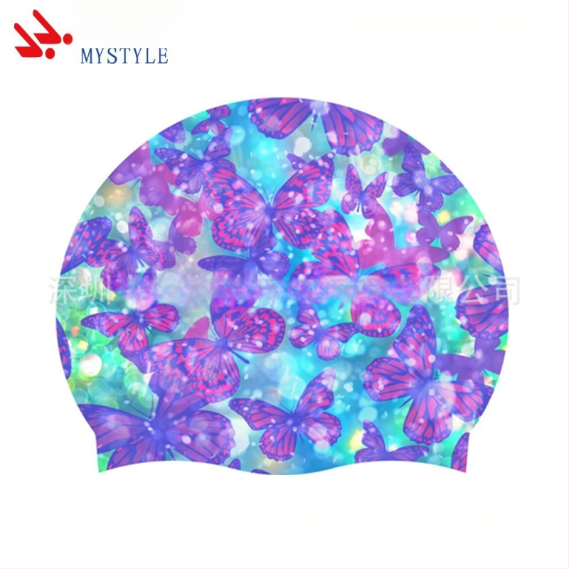 Suaugusiųjų „Amazon“ spalvos drugelio plaukimo kepuraitė, moteriška ilgų plaukų silikoninė plaukimo kepuraitė, padidinta moteriška ilgų plaukų kepuraitė