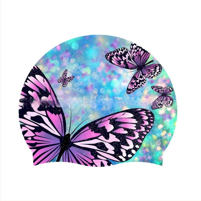 Suaugusiųjų „Amazon“ spalvos drugelio plaukimo kepuraitė, moteriška ilgų plaukų silikoninė plaukimo kepuraitė, padidinta moteriška ilgų plaukų kepuraitė