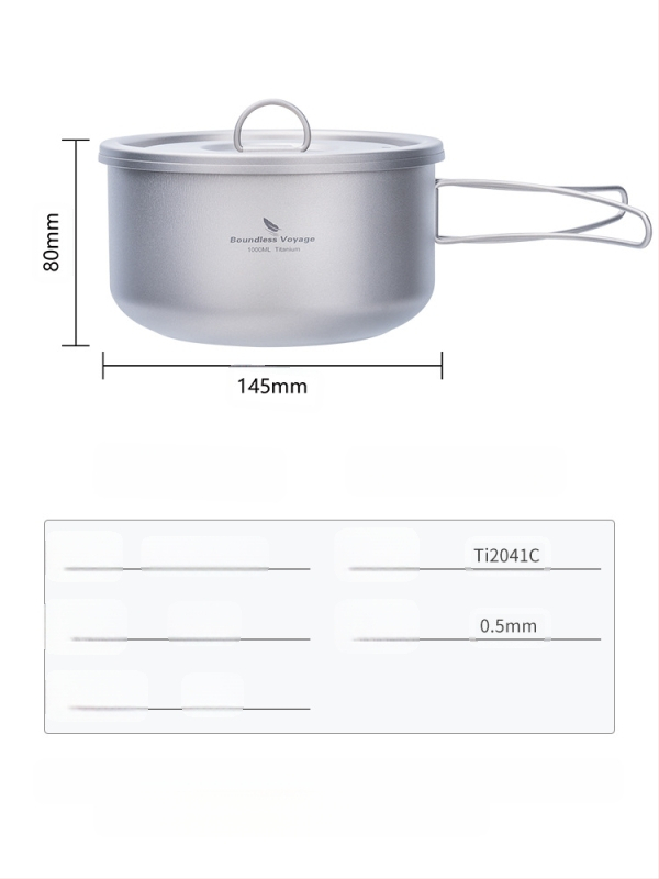 Biwei tīra titāna zupas katls, īpaši viegls un ērts kempinga katls, titāna katls, pusdienu kaste, apsildāms viena slāņa gatavošanas katls, salokāms rokturis.