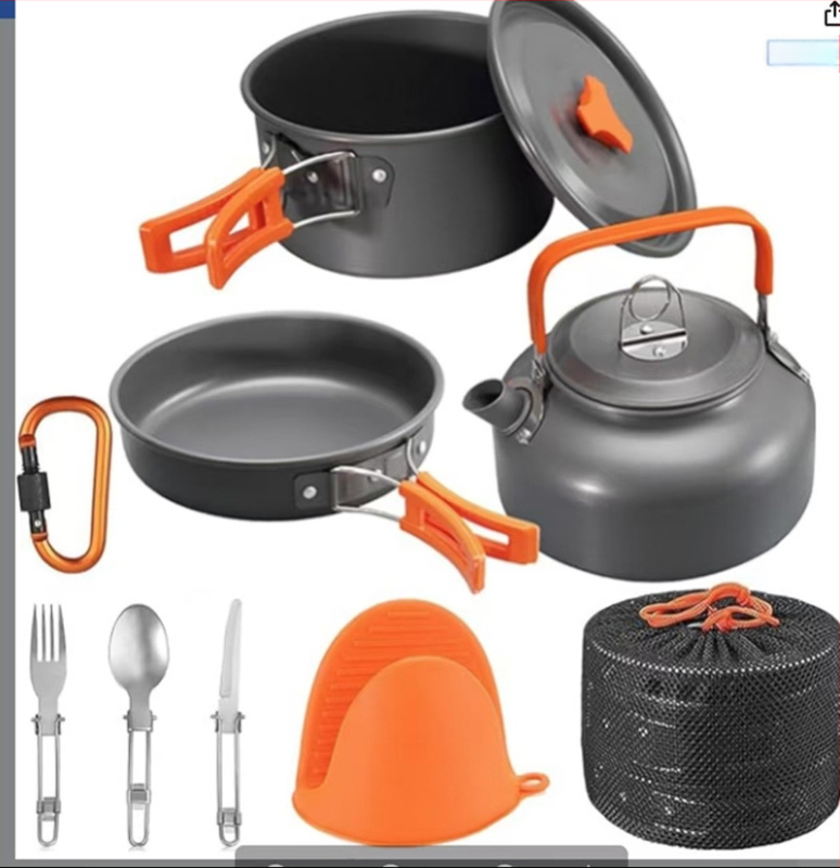 Maza tējkannas kombinētais komplekts, kempinga kombinētais komplekts, katls, galda piederumi, pārnēsājami, āra virtuves piederumi, katls, ciets, mīkstināts alumīnijs