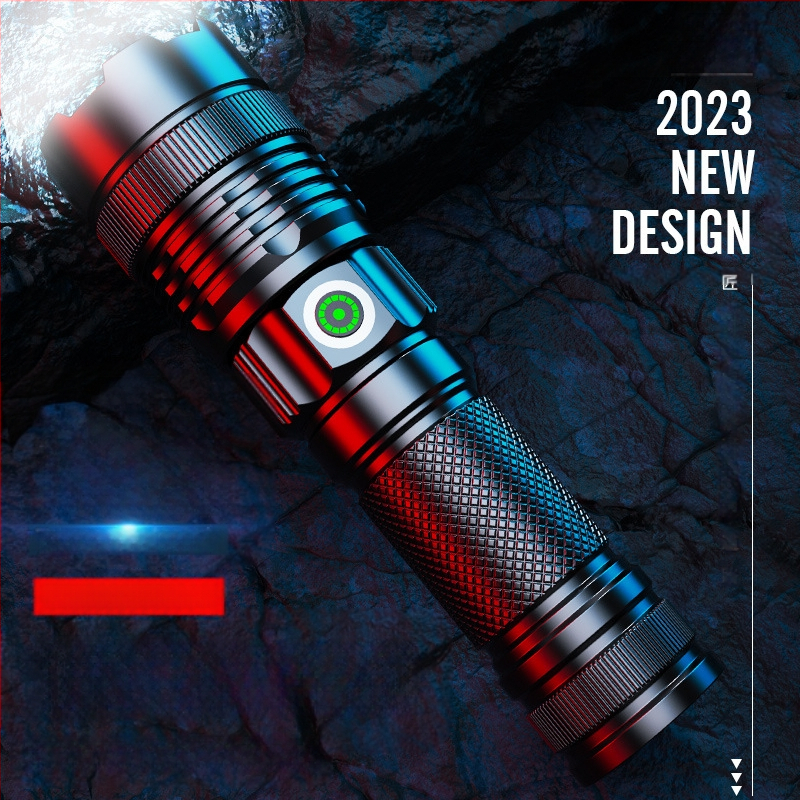 Телескопичен фенер от алуминиева сплав с бял лазерен чип, силен светлинен дисплей, захранване с USB и директно зареждане на външна батерия.