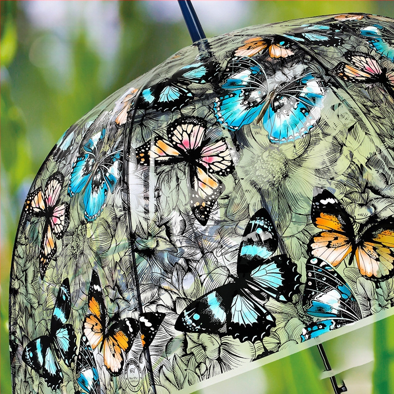 Arkinis vintažinis permatomas skėtis moterims, drugelio formos, grybo formos skėtis, lenkta rankena, ilga rankena, pusiau automatinis tiesus skėtis studentėms