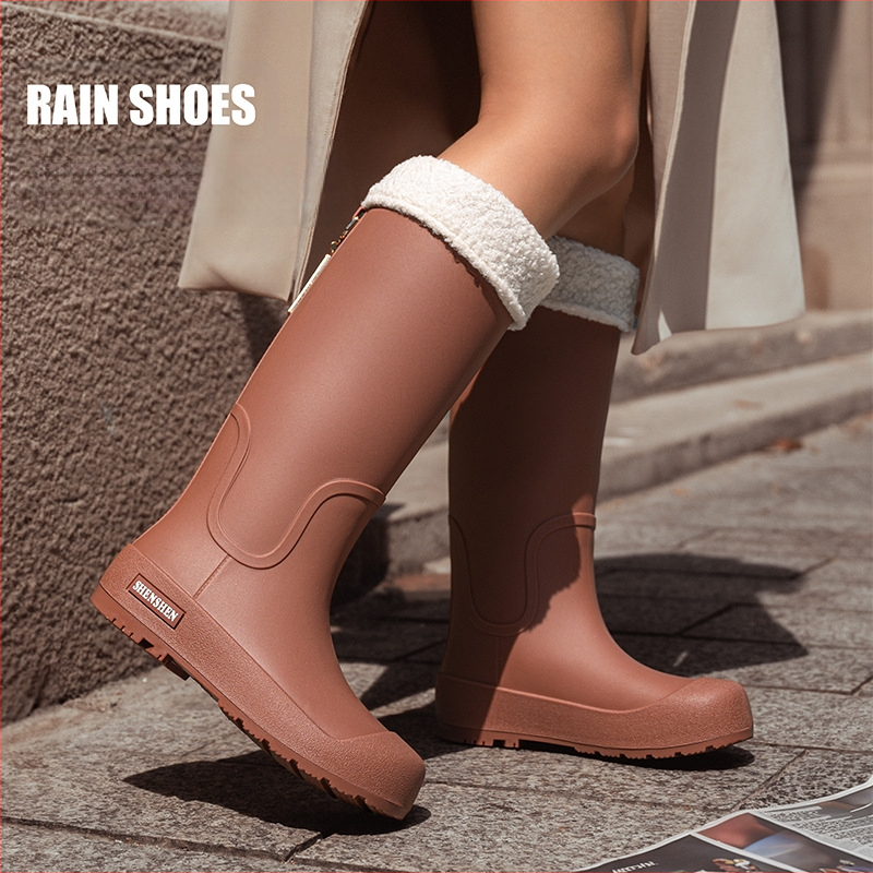 Guminiai batai moterims, aukšti suaugusiųjų madingi vandens batai, neslystantys ilgi guminiai batai, moteriški lauko vandeniui atsparūs vandens batai su vilnos pamušalu, darbo guminiai batai