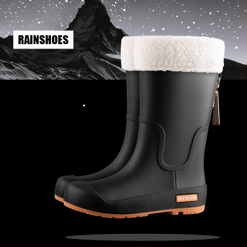 Guminiai batai moterims, aukšti suaugusiųjų madingi vandens batai, neslystantys ilgi guminiai batai, moteriški lauko vandeniui atsparūs vandens batai su vilnos pamušalu, darbo guminiai batai