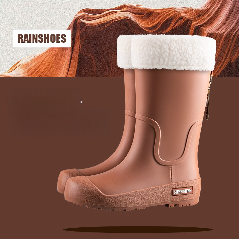 Guminiai batai moterims, aukšti suaugusiųjų madingi vandens batai, neslystantys ilgi guminiai batai, moteriški lauko vandeniui atsparūs vandens batai su vilnos pamušalu, darbo guminiai batai