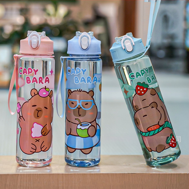 „Capibala“ vidutinio dydžio puodelis, mielas meškiuko formos šiaudelis, vandens puodelis studentams, šokinėjantis animacinių filmukų sportinis puodelis su virvele