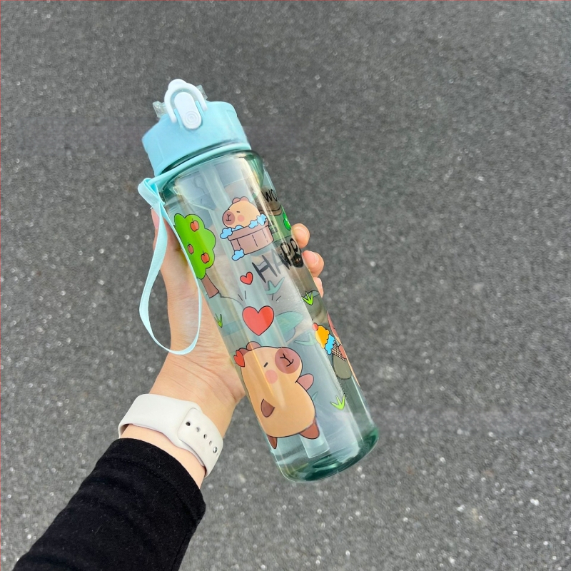 „Capibala“ vidutinio dydžio puodelis, mielas meškiuko formos šiaudelis, vandens puodelis studentams, šokinėjantis animacinių filmukų sportinis puodelis su virvele