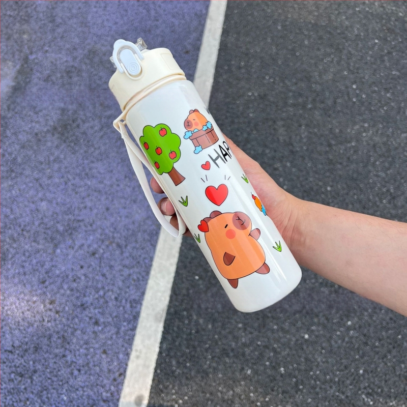 „Capibala“ vidutinio dydžio puodelis, mielas meškiuko formos šiaudelis, vandens puodelis studentams, šokinėjantis animacinių filmukų sportinis puodelis su virvele