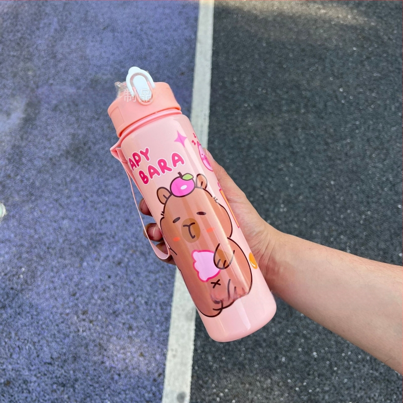 „Capibala“ vidutinio dydžio puodelis, mielas meškiuko formos šiaudelis, vandens puodelis studentams, šokinėjantis animacinių filmukų sportinis puodelis su virvele