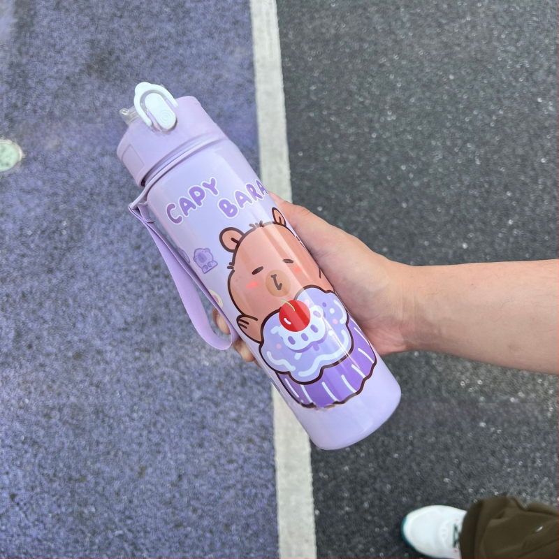 „Capibala“ vidutinio dydžio puodelis, mielas meškiuko formos šiaudelis, vandens puodelis studentams, šokinėjantis animacinių filmukų sportinis puodelis su virvele