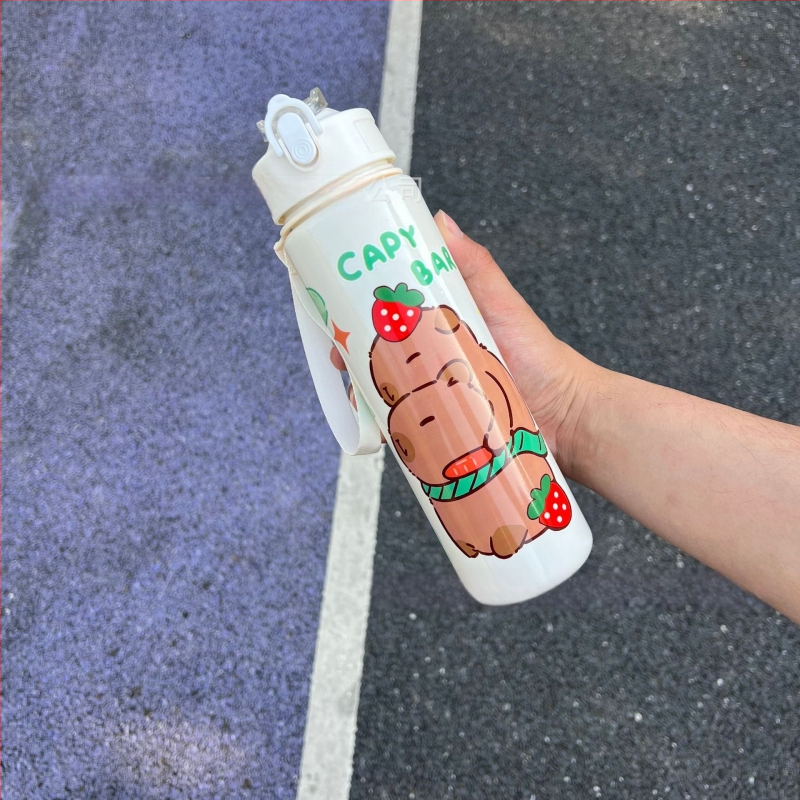 „Capibala“ vidutinio dydžio puodelis, mielas meškiuko formos šiaudelis, vandens puodelis studentams, šokinėjantis animacinių filmukų sportinis puodelis su virvele