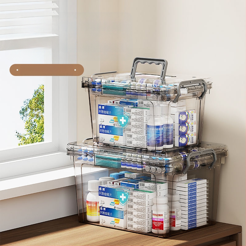 Läbipaistev kaasaskantav majapidamises kasutatav kaasaskantav ravimikarp suure mahutavusega esmaabi meditsiinitarvete hoiukarp ravimite klassifikatsiooniga plastist mitmekihiline