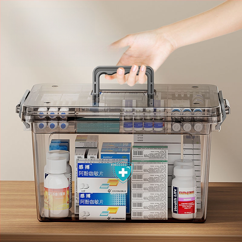 Läbipaistev kaasaskantav majapidamises kasutatav kaasaskantav ravimikarp suure mahutavusega esmaabi meditsiinitarvete hoiukarp ravimite klassifikatsiooniga plastist mitmekihiline