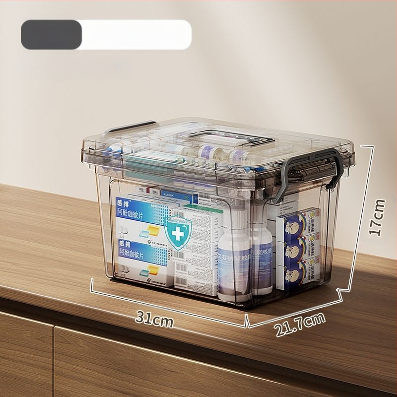 Läbipaistev kaasaskantav majapidamises kasutatav kaasaskantav ravimikarp suure mahutavusega esmaabi meditsiinitarvete hoiukarp ravimite klassifikatsiooniga plastist mitmekihiline