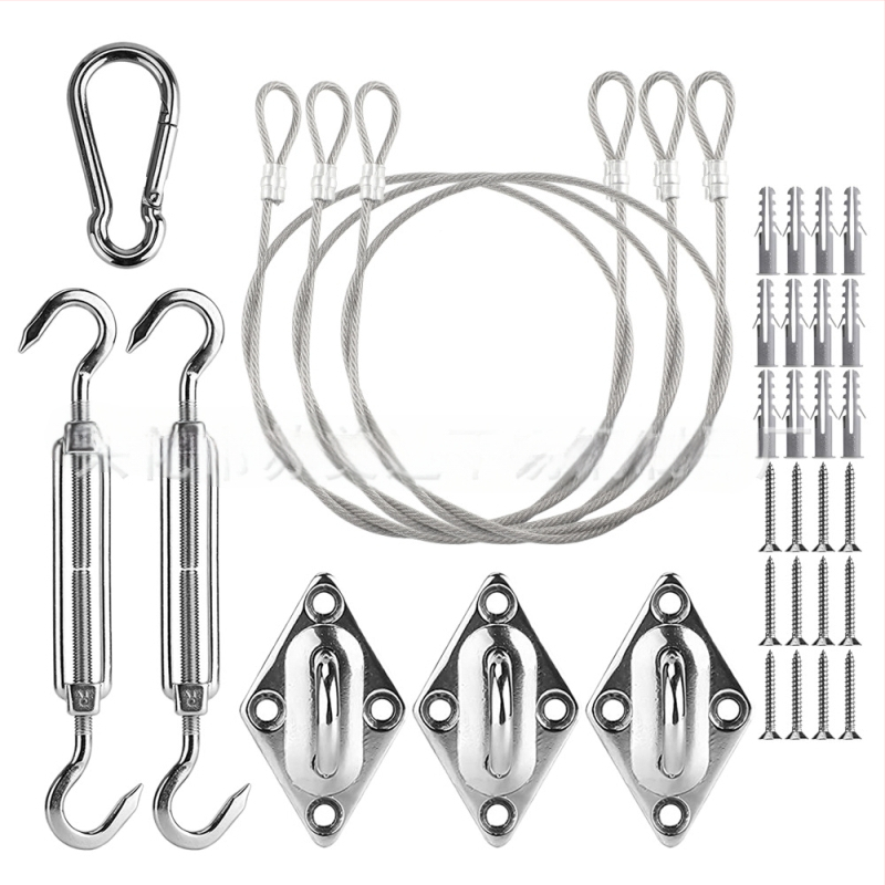 Saulės skėčio burės priedai, trikampis keturkampis saulės tinklas iš nerūdijančio plieno, rombo formos sagtis, spyruoklinis kablis, durų sagties vielinių lynų rinkinys