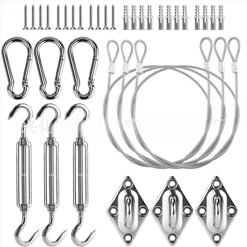 Saulės skėčio burės priedai, trikampis keturkampis saulės tinklas iš nerūdijančio plieno, rombo formos sagtis, spyruoklinis kablis, durų sagties vielinių lynų rinkinys