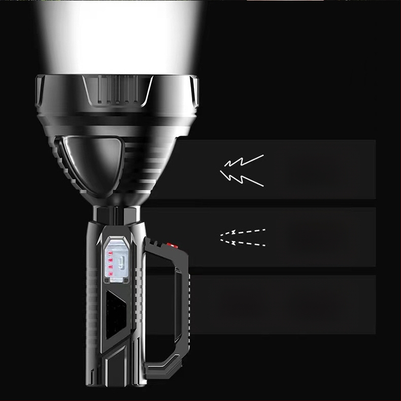 Határokon átnyúló nagykereskedelmi erős fényű zseblámpa, nagy hatótávolságú, ultrafényes kültéri, többfunkciós keresőlámpa, hordozható, újratölthető lámpa