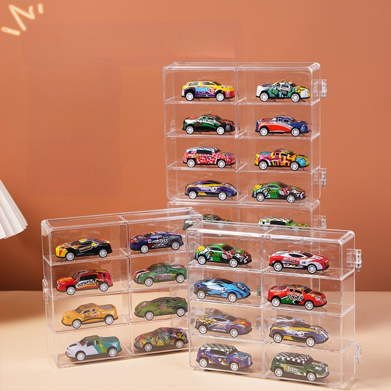 Väikese automudeli hoiustuskast, 4 kihti, 8 ruudustikuga, tolmukindel läbipaistev mänguautode vitriin