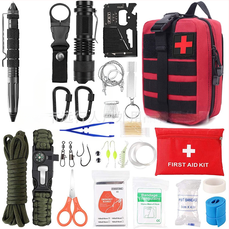 Kültéri elsősegélycsomag kaland-hegymászás kempingezés vészhelyzeti kempingfelszerelés EDC többfunkciós túlélőeszköz kombináció