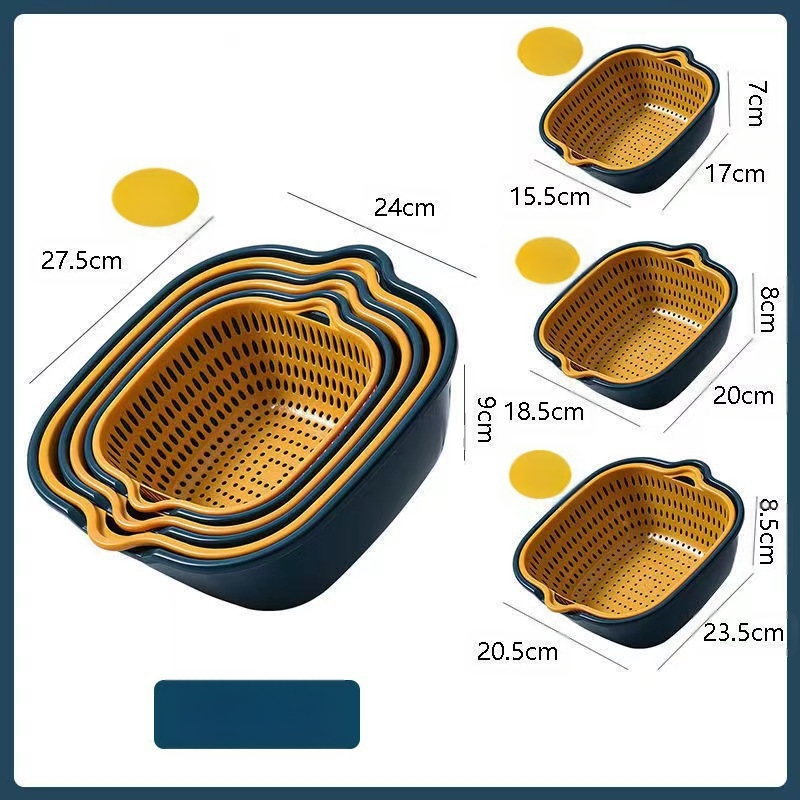 Dvisluoksnis sustorintas daržovių plovimo dubuo su šešių dalių rinkiniu virtuvės vaisių plovimui, buitinis daržovių plovimo dubuo, daržovių krepšelis, madingas