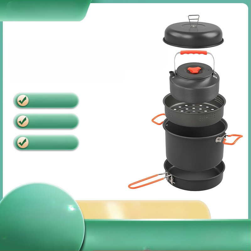 Uus 718 välistingimustes kasutatav alumiiniumisulamist telkimiskomplekt, pott, kahe kõrvaga auruti, kaasaskantav neljaosaline jagatud välistingimustes kasutatav köögitarbed