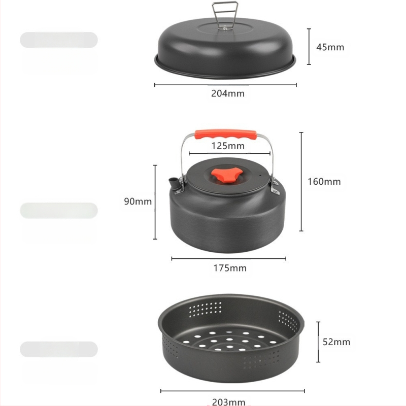 Uus 718 välistingimustes kasutatav alumiiniumisulamist telkimiskomplekt, pott, kahe kõrvaga auruti, kaasaskantav neljaosaline jagatud välistingimustes kasutatav köögitarbed