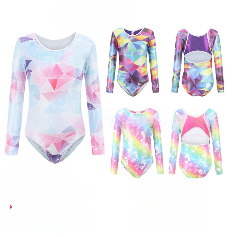 Детско облекло за гимнастика, дрехи с дълъг ръкав и бронзиращо покритие за танци, дрехи за момичета, балет, детски дрехи за гимнастика с гол гръб, дрехи за тренировки, детски клинове