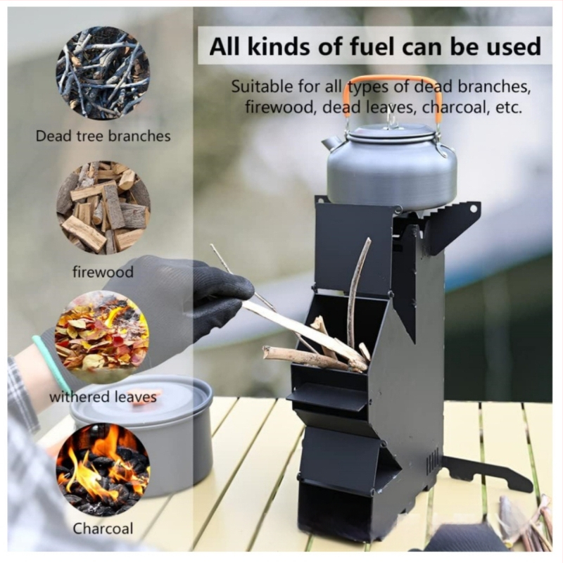Hordozható, fából készült mini égésű rakétakályha, fatüzelésű kályha kerti főzéshez, teraszra, grillezéshez