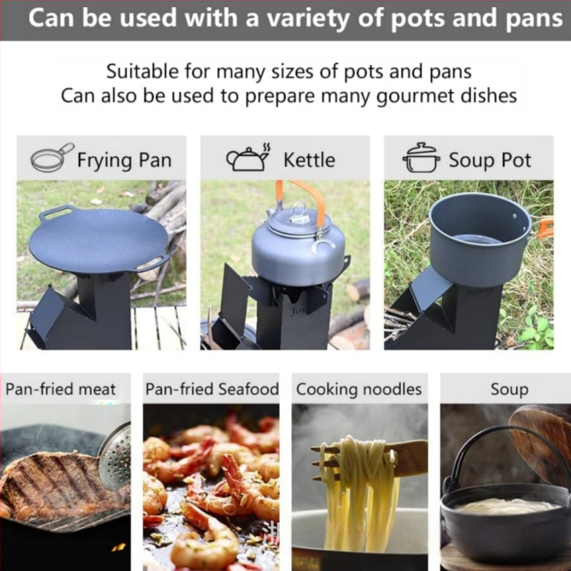 Hordozható, fából készült mini égésű rakétakályha, fatüzelésű kályha kerti főzéshez, teraszra, grillezéshez