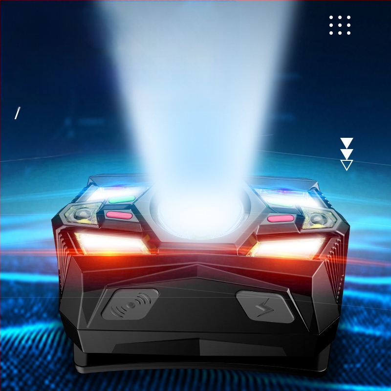 Piiriülene intelligentne induktsioon-väike esitulede multifunktsionaalne mitme valgusallikaga laadimine välistingimustes kasutatav pea külge kinnitatav taskulamp öökalapüügilamp hulgimüük