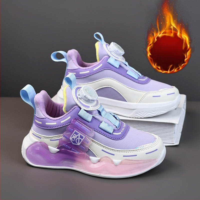 Pantofi sport pentru copii de iarnă transfrontalieri, fetițe de 7 ani, căptușiți cu fleece, cu nasturi rotativi călduroși, rezistenți la uzură, pentru alergare și băieți