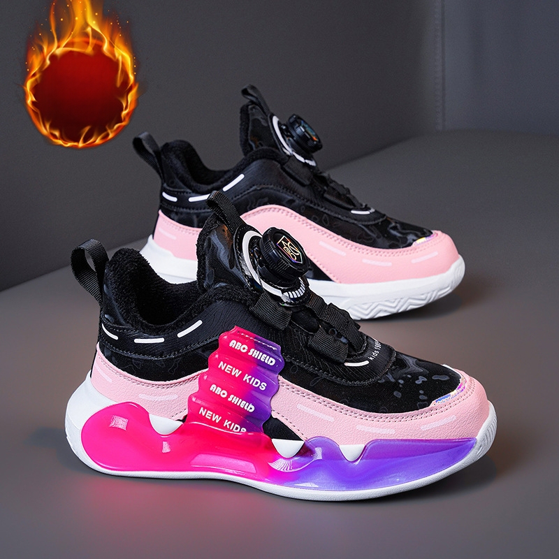 Pantofi sport pentru copii de iarnă transfrontalieri, fetițe de 7 ani, căptușiți cu fleece, cu nasturi rotativi călduroși, rezistenți la uzură, pentru alergare și băieți