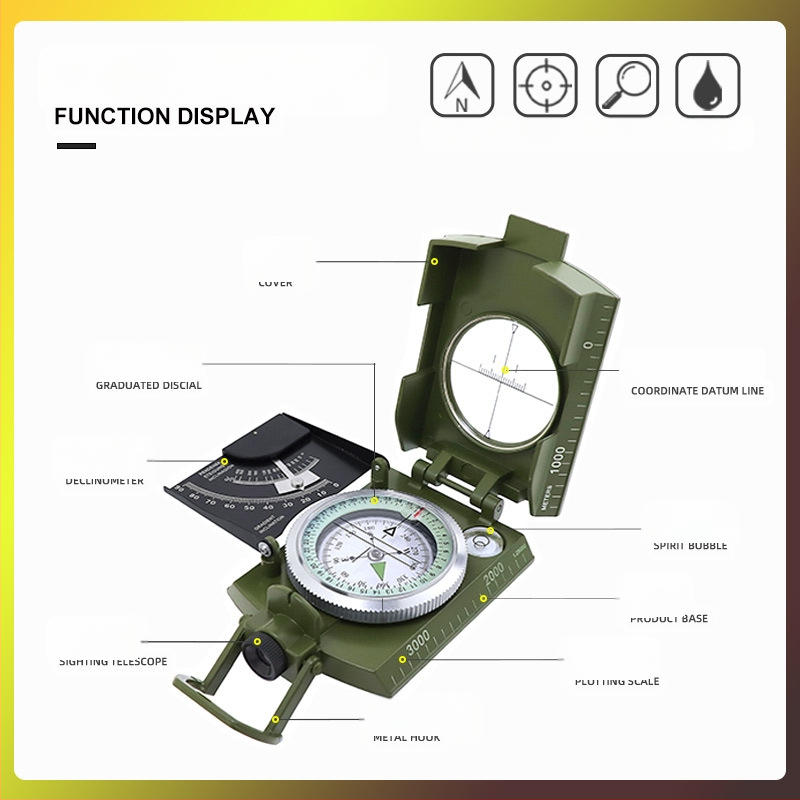 Gamintojo K4074 lydinio kompasas, didelio tikslumo daugiafunkcis šviečiantis išgyvenimo lauko kompasas su nuolydžio matuokliu