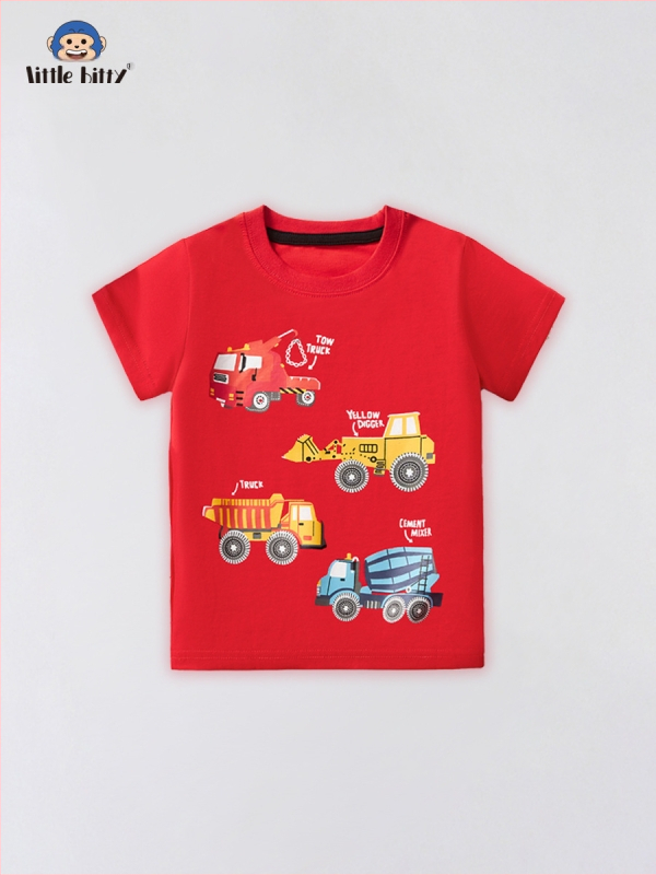 Európai és amerikai 2025-ös fiú nyári rövid ujjú, tiszta pamut mintás gyerek póló, piros felsők, fiúk nagykereskedelmi gyerekruházata, divatos gyerekruha