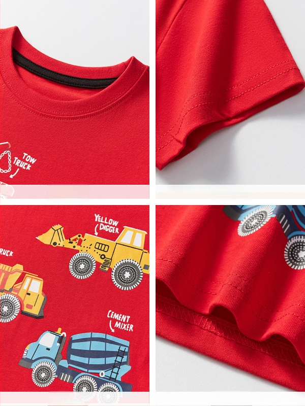 Európai és amerikai 2025-ös fiú nyári rövid ujjú, tiszta pamut mintás gyerek póló, piros felsők, fiúk nagykereskedelmi gyerekruházata, divatos gyerekruha