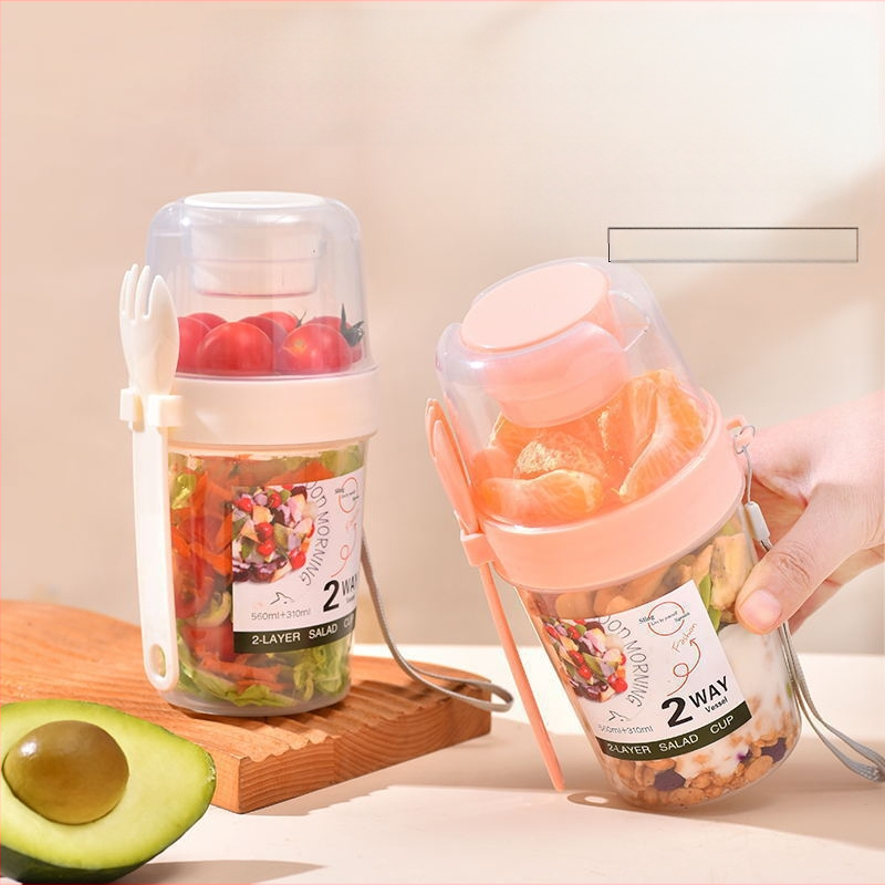 Internetikuulsuste salatitops kahvli ja kastmekarbiga, hommikusöögitops, köögivilja- ja puuviljasalatitops, kahekihiline kaasaskantav salendav rasva vähendav tass