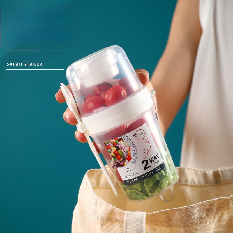 Internetikuulsuste salatitops kahvli ja kastmekarbiga, hommikusöögitops, köögivilja- ja puuviljasalatitops, kahekihiline kaasaskantav salendav rasva vähendav tass