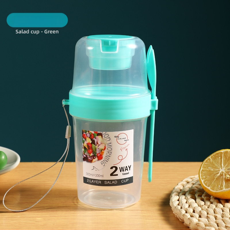 Internetikuulsuste salatitops kahvli ja kastmekarbiga, hommikusöögitops, köögivilja- ja puuviljasalatitops, kahekihiline kaasaskantav salendav rasva vähendav tass