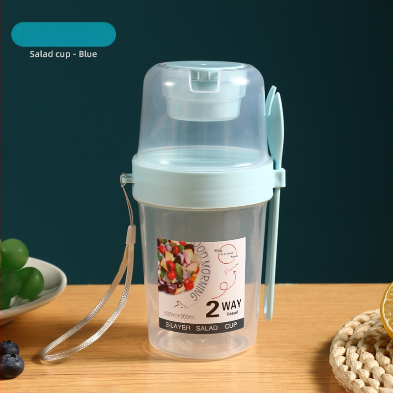 Internetikuulsuste salatitops kahvli ja kastmekarbiga, hommikusöögitops, köögivilja- ja puuviljasalatitops, kahekihiline kaasaskantav salendav rasva vähendav tass