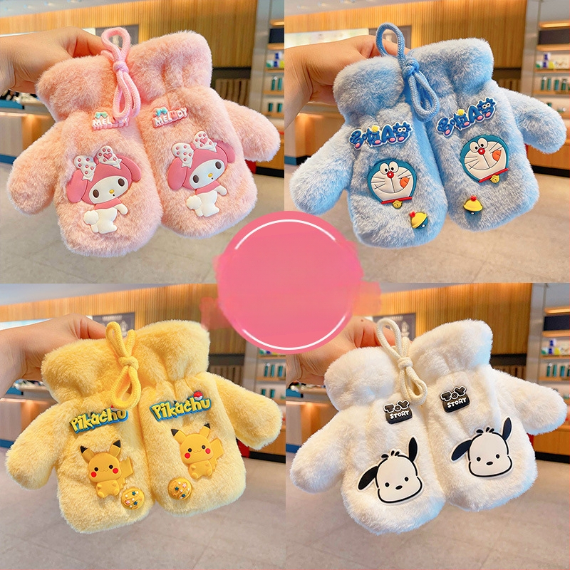 „Sanrio“ kūdikių kaklo pakabinamos pirštinės, šiltos, sustorintos, berniukams ir mergaitėms, mielos, viską įskaičiuojančios, ėriuko aksomo, atsparios vėjui, pirštų uždangalai.