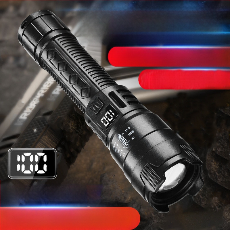 Határokon átnyúló, többfunkciós műanyag zseblámpa, szuper nagy hatótávolságú, kültéri, erős fényű zseblámpa, zoom, digitális kijelző, töltés, P50 zseblámpa