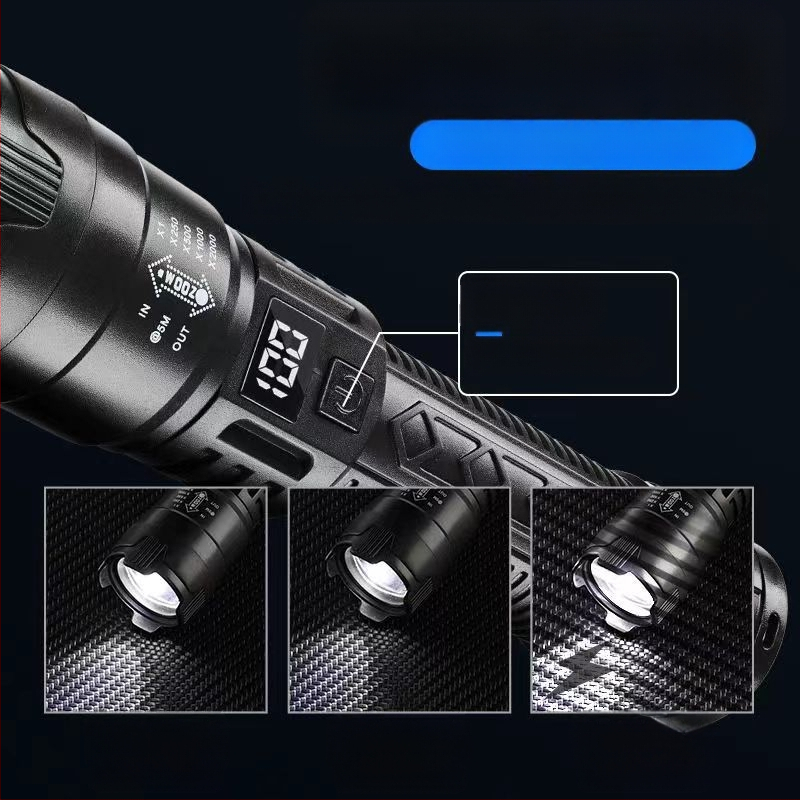 Határokon átnyúló, többfunkciós műanyag zseblámpa, szuper nagy hatótávolságú, kültéri, erős fényű zseblámpa, zoom, digitális kijelző, töltés, P50 zseblámpa