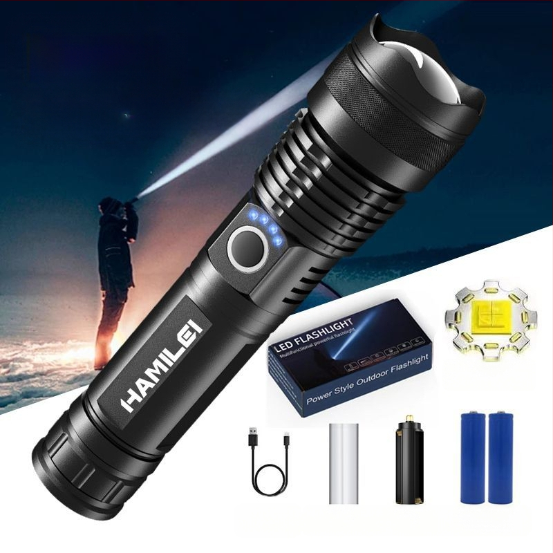 Vokiškas stiprus šviesos nešiojamas žibintuvėlis avariniam apšvietimui, įkraunamas itin ryškus lauko itin ilgas LED kalnakasių žibintas, didelės galios lazeris